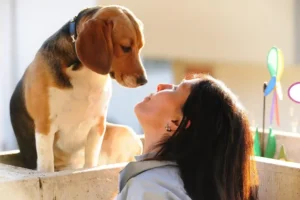 A lady enjoying with dog