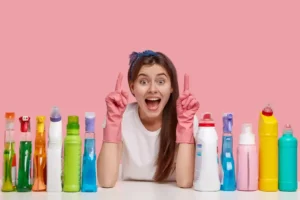  a girl with enzyme cleaners 
