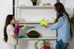 a mom and daughter cleaning their shelf 