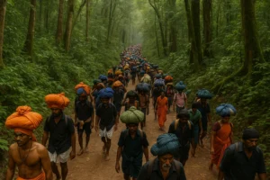 Pilgrims walking barefoot through the dense forest path of Karimala on their way to Sabarimala, carrying irumudikkettu bundles on their heads, surrounded by lush greenery.”