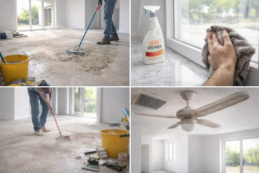 Common post construction cleaning mistakes inside a newly built house with cement dust on tiled floor