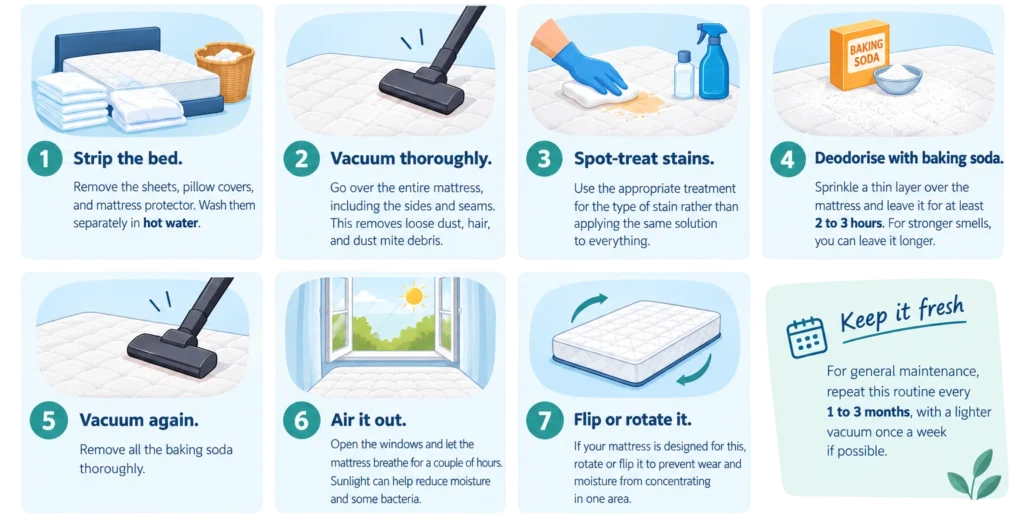 How to clean a mattress with vacuuming, stain treatment, baking soda, airing, and rotation
