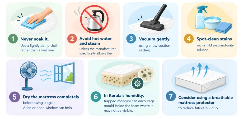 How to clean a mattress: safe cleaning tips for memory foam mattresses, including gentle vacuuming, spot cleaning, and thorough drying