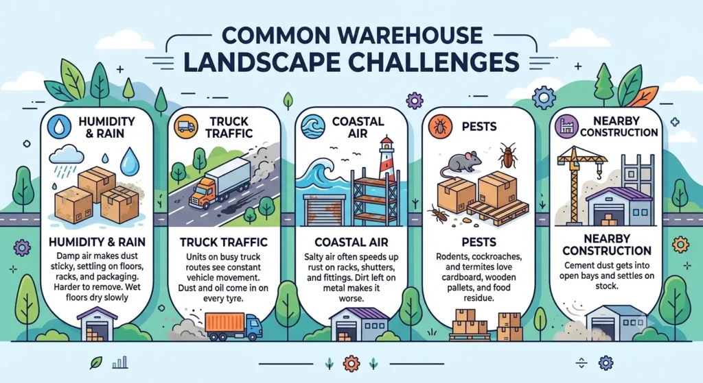 Warehouse cleaning services in Kochi addressing common warehouse challenges, including humidity and rain, truck traffic, coastal air corrosion, pest infestations, and construction dust affecting warehouse floors, racks, and stored goods.
